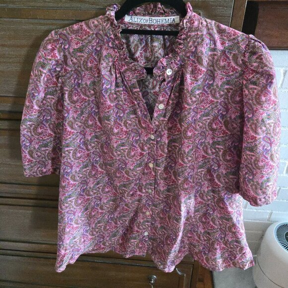 RARE Alix of Bohemia button up short sleeve blouse pink paisley - Picture 1 of 5